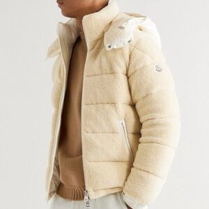 Men’s Moncler Beige Sherpa Michon Hooded Quilted Logo Padded Puffer Zip Jacket
